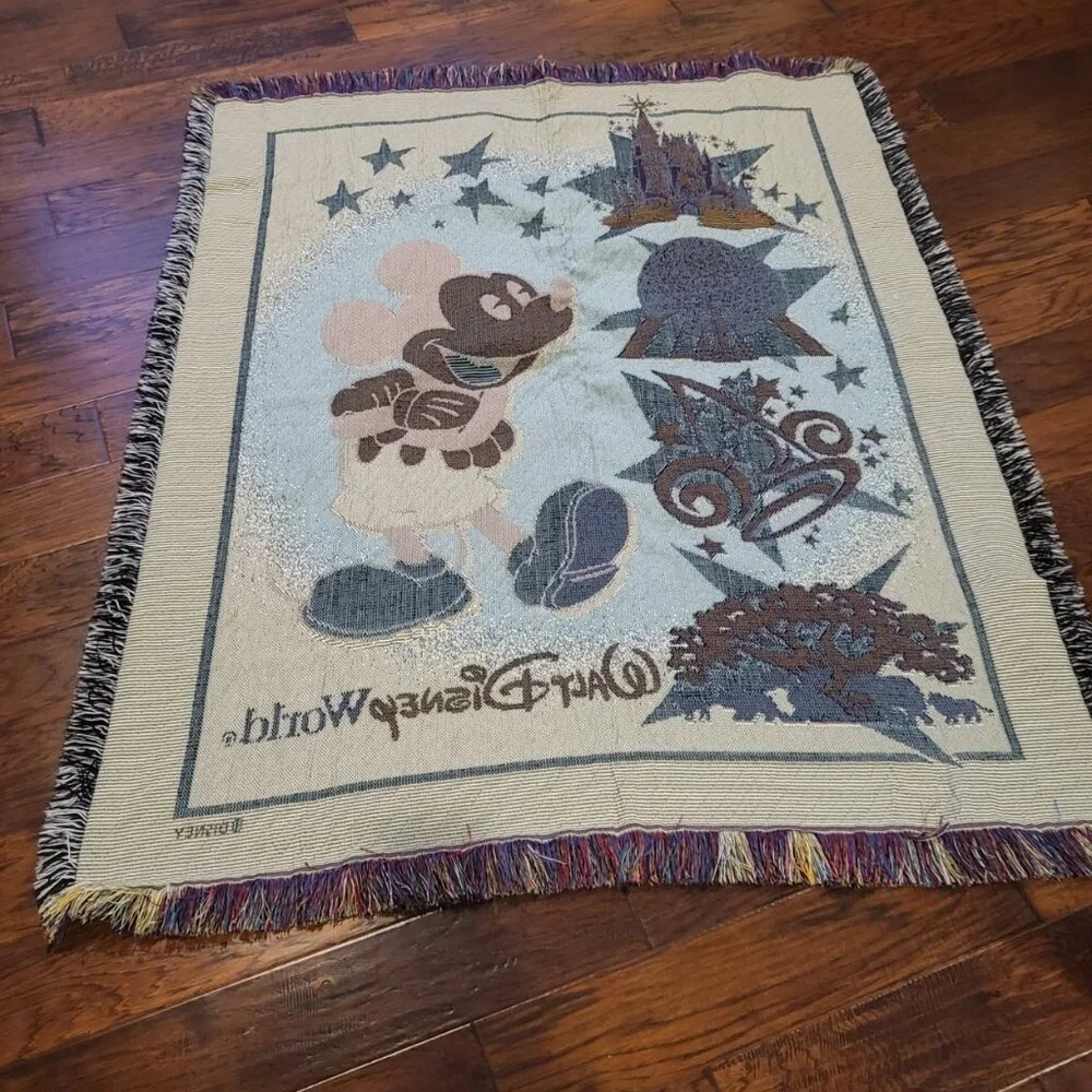 Walt Disney World Mickey Mouse Throw Blanket Tapestry Magic Kingdom Epcot Vtg